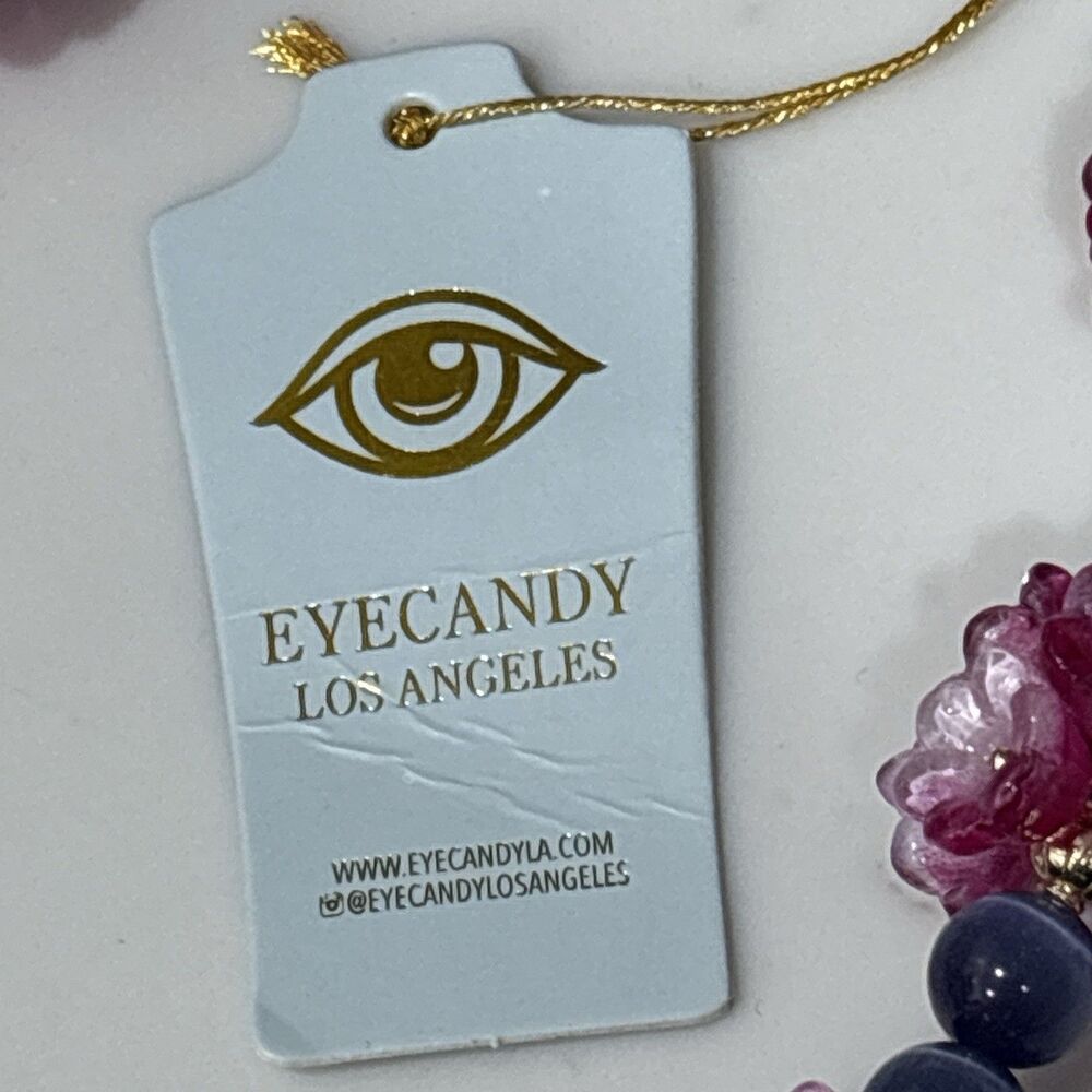 Eyecandy LA Necklace Statement Floral Beaded Purple Flower Cluster Gold Tone NEW - Picture 9 of 10